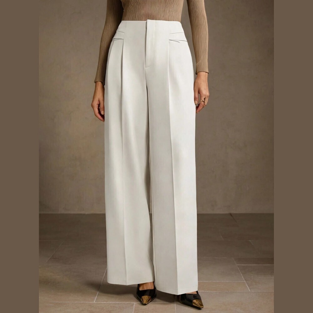 Ivory Pleated Front Wide Leg Trouser Pants